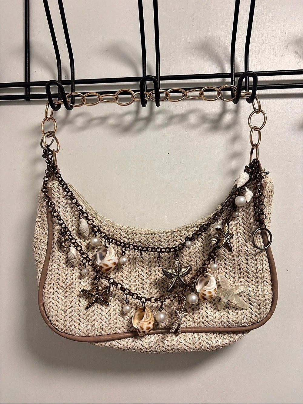 Tan Woven Pearl Seashell Charm Shoulder Bag